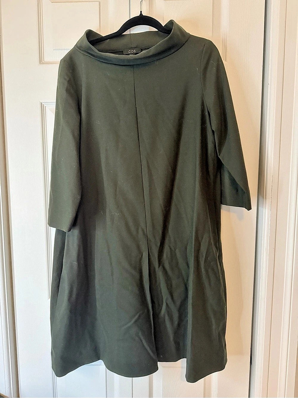 COS Olive Green Cotton Blend Funnel Neck Shift/swing Pocket Dress Funnel Neck